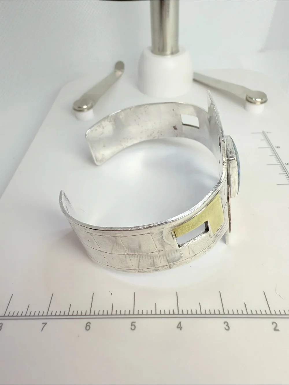 Vintage Modernist Sterling Silver Multi-Tone Inlay Cuff Bracelet